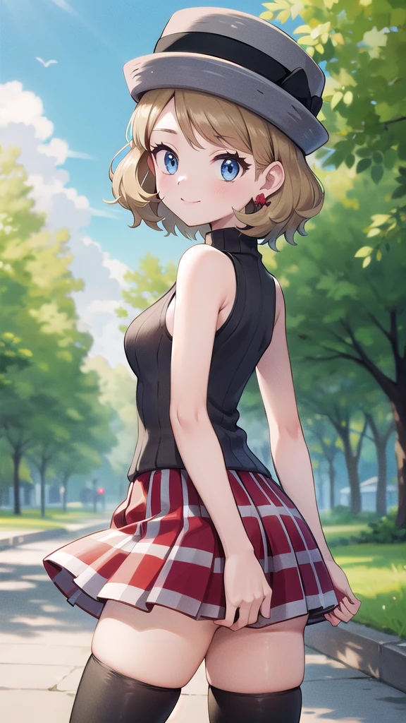 Masterpiece, perfect lighting, (beautiful, Best quality: 1.3), Perfect eyes, perfect anatomy, absurd, 8k, ccserena, solo, short hair, smile, in loved, (gray hats: 1.2), earrings, eyelashes, blue eyes, gray sweater, vest , sleeveless turtleneck, bare arms, plaid skirt, red skirt, thigh highs, black stockings, from behind, in the park at day