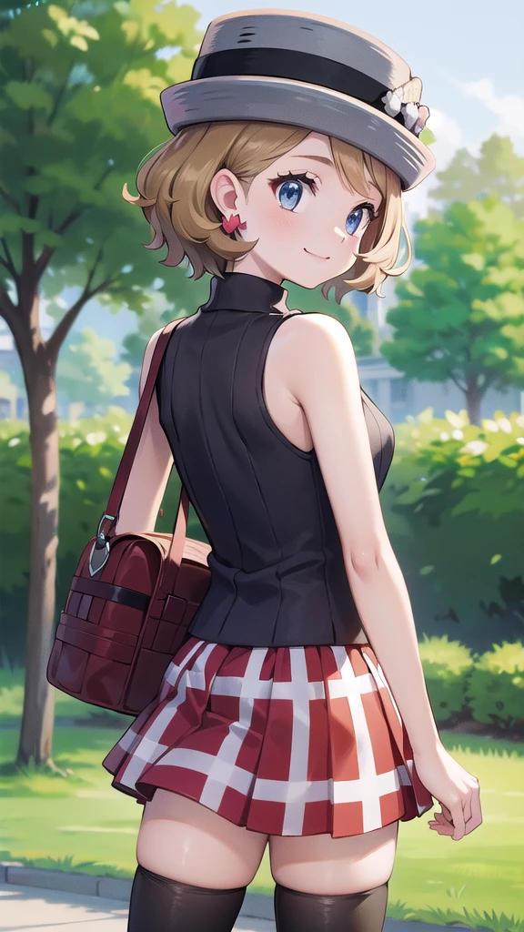 Masterpiece, perfect lighting, (beautiful, Best quality: 1.3), Perfect eyes, perfect anatomy, absurd, 8k, ccserena, solo, short hair, smile, in loved, (gray hats: 1.2), earrings, eyelashes, blue eyes, gray sweater, vest , sleeveless turtleneck, bare arms, plaid skirt, red skirt, thigh highs, black stockings, from behind, in the park at day