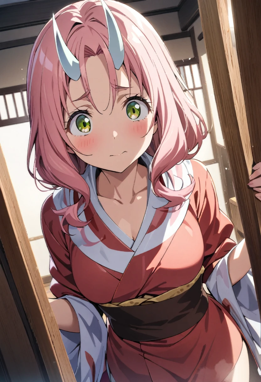 1girl, shuna\(tensei shitara slime datta ken\), tensei shitara slime datta ken,Two horns growing out of the forehead,bangs,white and red kimono,room,masterpiece, best quality, absurdres,