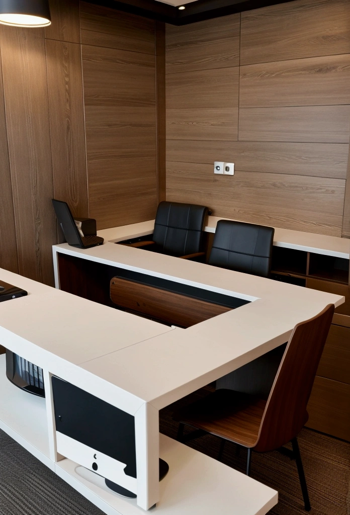 Business hotel front desk。Simple and modern design。On a wooden counter、Computers and phones are neatly arranged。The lobby has comfortable chairs and tables.、The lighting is bright and functional.、Overall it is clean。