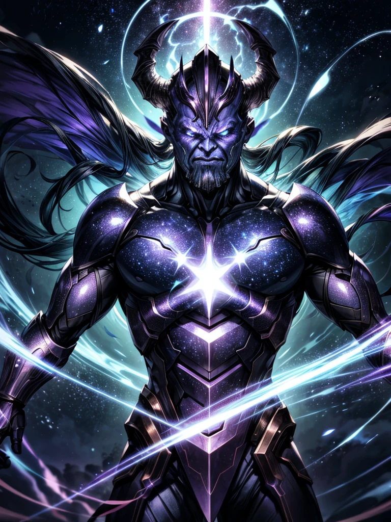Close up, Ultra-HD photography, a fierce celestial thanos god with a universe theme, surrounded by blue and purple lightning in a cybernetic fantasy realm, SUFFIX with high lighting and motion blur showcasing the battles ferocity against a shadowy supernatural villain