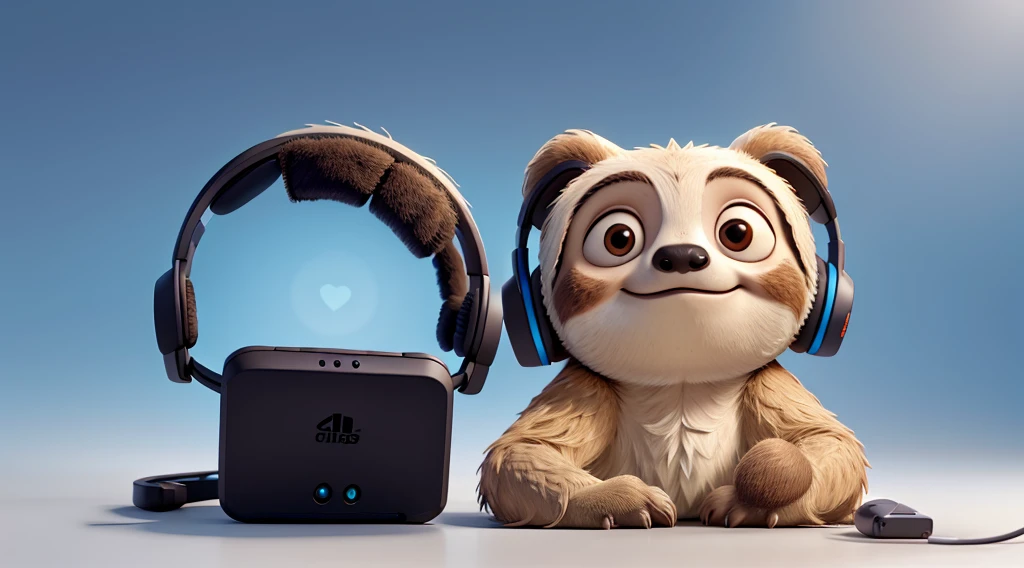 A sloth wearing a wireless headset，「front」Head close-up and in the middle of the screen , No text, There is no other equipment in the picture，No other headphones, Solid background（White without gradient）