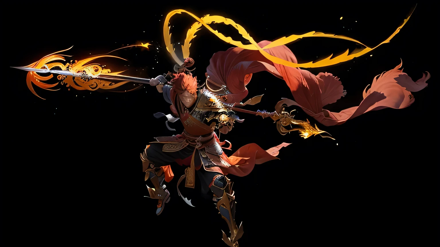 Close-up of man holding fire and sword, sun wukong, Inspired by Huang Shen, wukong, heise jinyao, Inspired by Hu Zaobin, bian lian, inspired author:Yang Jin, Onmyoji detailed art, Inspired by Li Kan, guan yu, author:Yang J, Inspired by Ju Lian, Sun Wukong