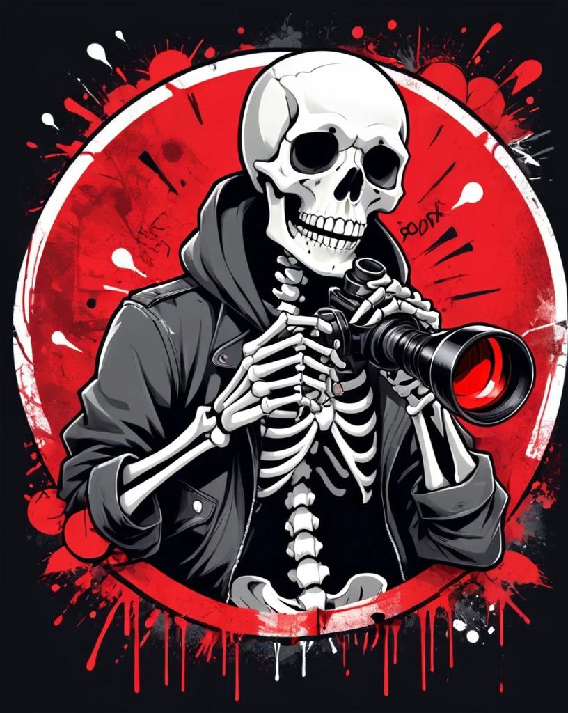 Create t-shirt A vibrant and detailed street art style design featuring a skeleton holding binoculars with the caption 'OH, LOOK! NOBODY GIVES A SHIT.' Theskeleton is placed against a bold red circular background. The overall design should have a gritty, rebellious feel with expressive and exaggerated features, incorporating elements typical of graffiti art. The text should be bold and distressed, fitting the edgy and nonchalant theme. The background is 100% black.