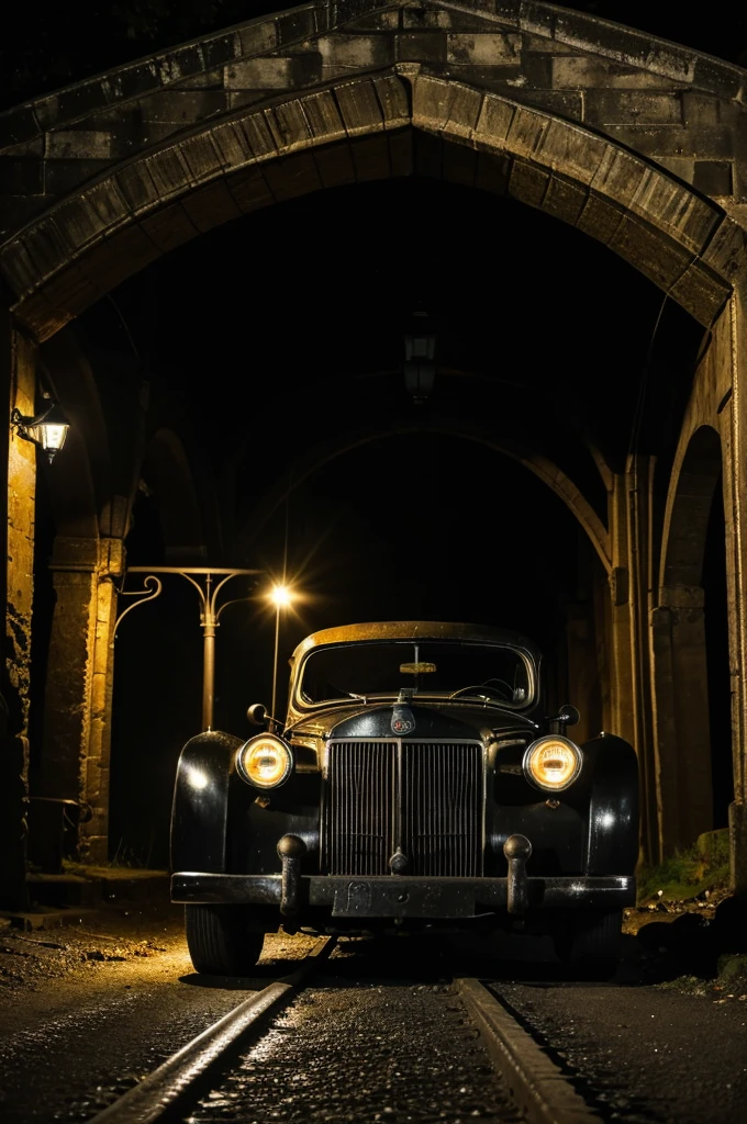((Best Quality)), ((masterpiece)), (an old black vehicle, at night under a bridge, with a lantern that barely illuminates it, head on with the lights on, and with a remote camera, terrifies