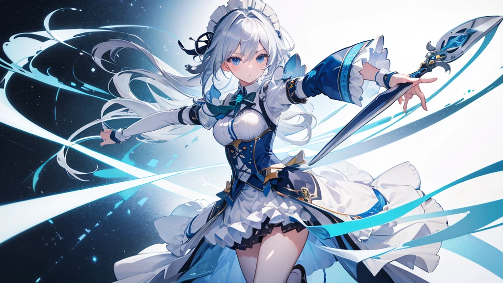 (Highest quality) (4K) (8k) (High resolution) (masterpiece:1.2) (Super detailed) One girl Sakuya Izayoi (White Background) Standing posture Serious Hold the knife Silver braid hair Blue outfit