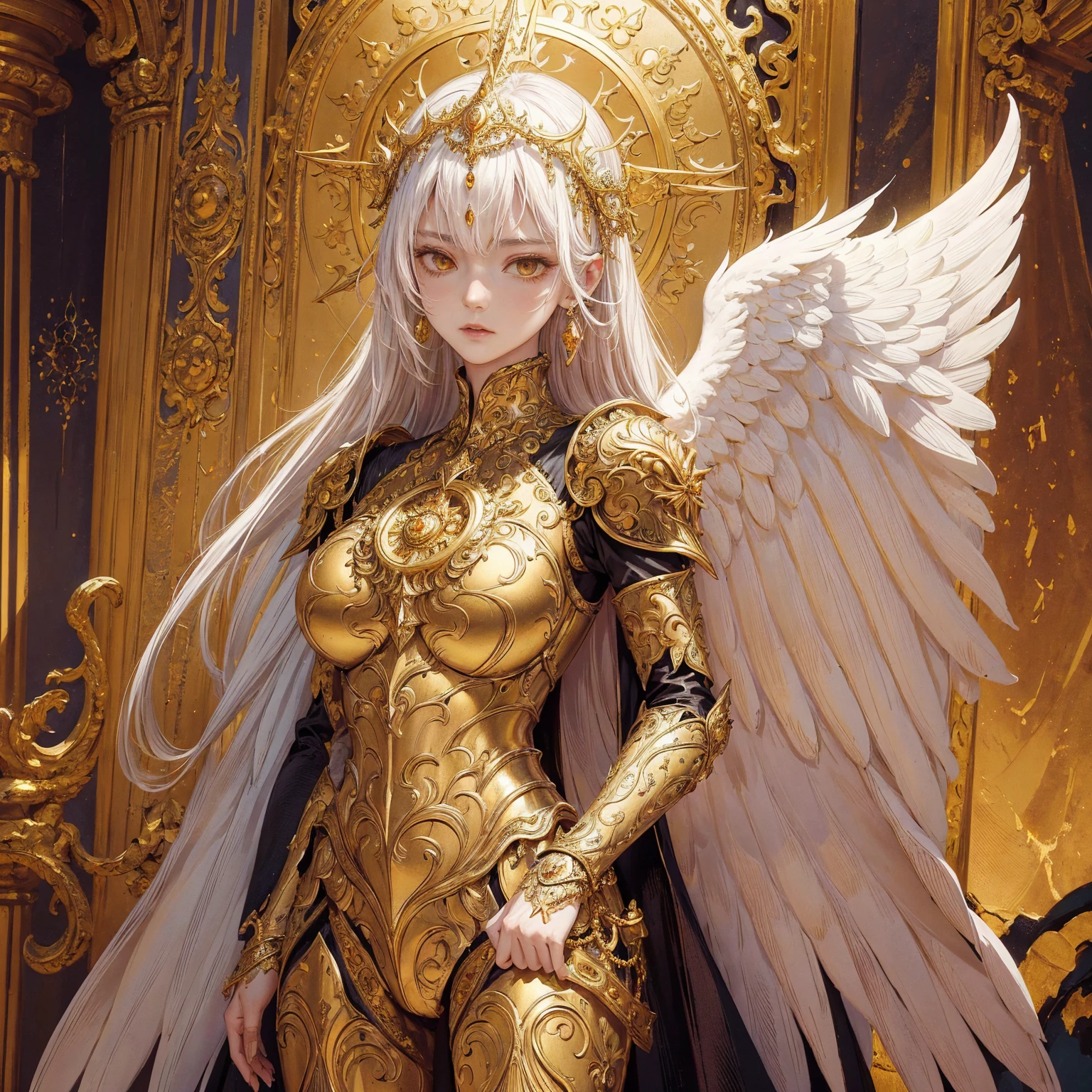 Art of woman wearing sun crown and ornate breastplate, a pair of golden-armored angelic white wings spread out behind the woman, ancient goddess art, Sacredness. Very detailed, Mysterious inspiration, Inspiration from the Sun God, Religious inspiration, Cold and snobbish face, Standing, Full body portrait, Gothic art style, Weird art style, Occult art
