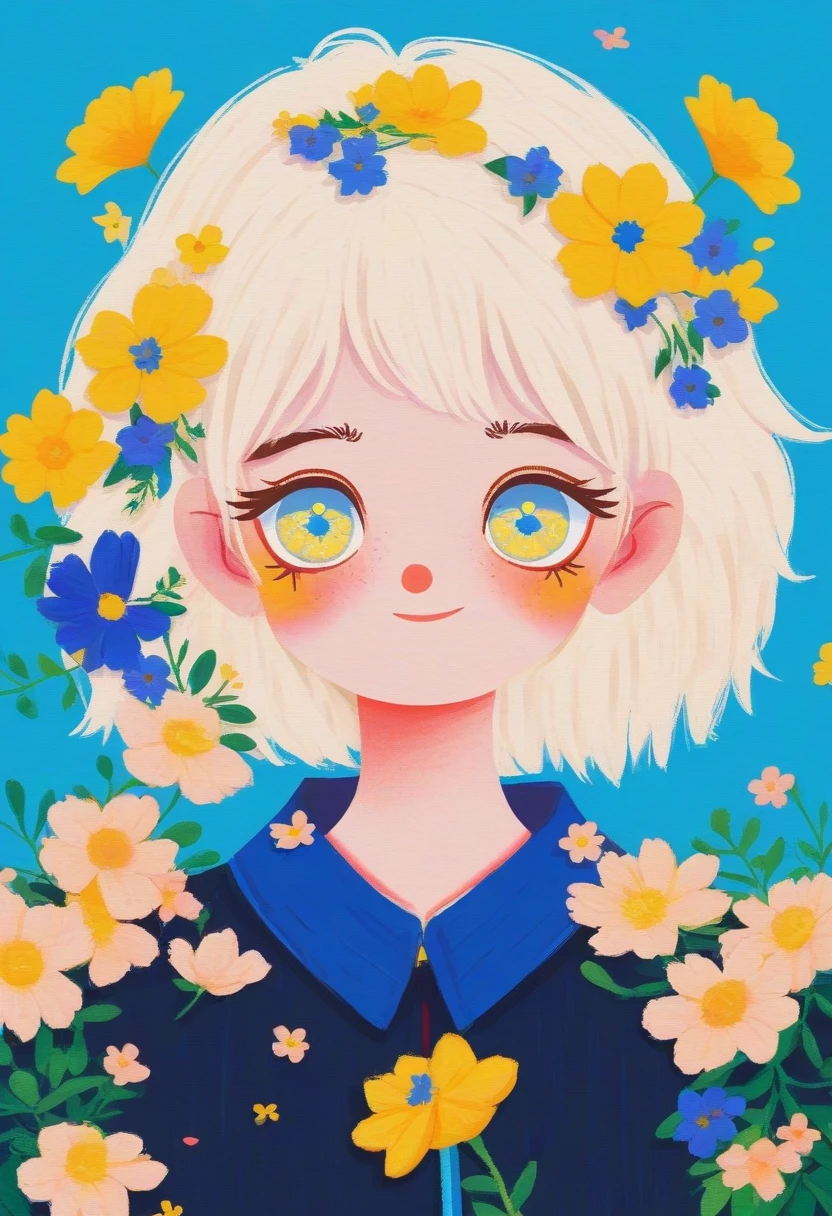 1 Girl，White hair，Colored contact lenses, Flower eyes，Colored eyelashes，Lovely,Solid color background，blue and yellow，Artistic sense，Navy collar，Minimalist Art，Vector illustration，Flat illustration，Japanese cartoons