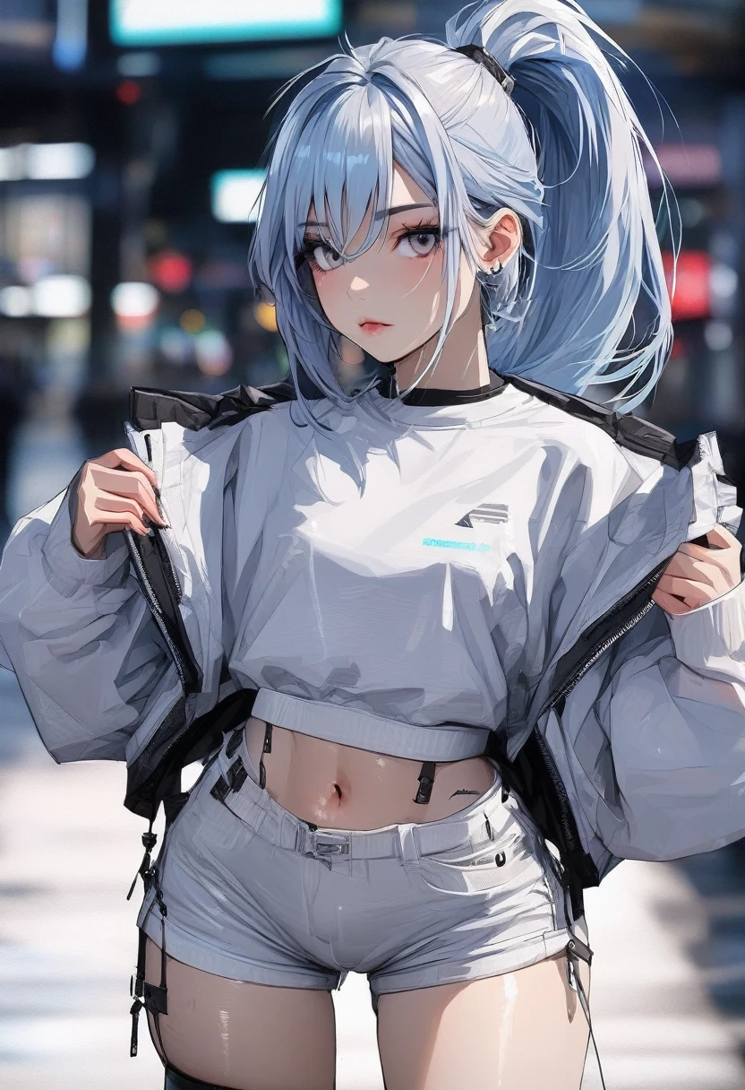 Young girl top quality top image quality masterpiece light blue shiny hair high ponytail cyberpunk red wolf grey eyes white top shorts