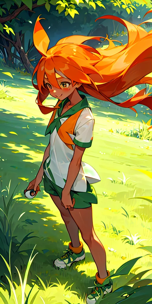 18 Year old girl, long straight orange hair, tan skin, Grass type Pokemon trainer, kind expression, Happy, Pokemon trainer outfit
