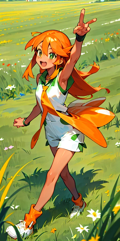 18 Year old girl, long straight orange hair, tan skin, Grass type Pokemon trainer, kind expression, Happy, Pokemon trainer outfit