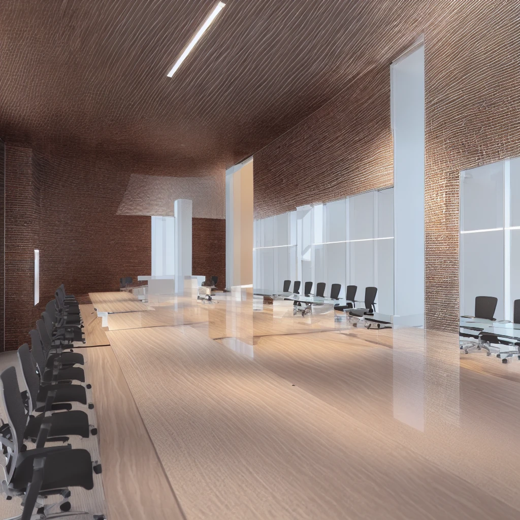 a long table office meeting room with many chairs, low angle dimetric render, high detail render, pre-render, cg render, 3d render, 3d render, render in enscape, render in render Unrealistic 3d engine, 3d rendering, semi-realistic rendering, final rendering, rendering in 3dsmax, rendering in vray