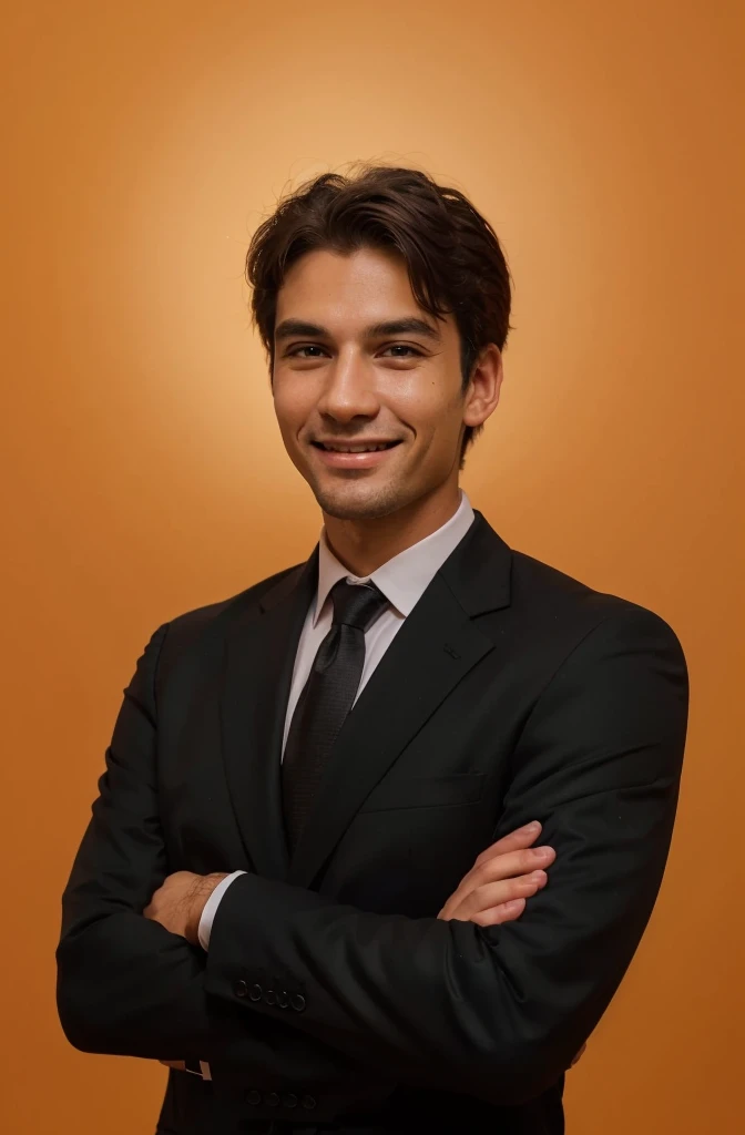 Frontal view , Portrait of man in black suit smiling , simple background editorial style highdefinition ultrarealistic details in the style of portrait photography