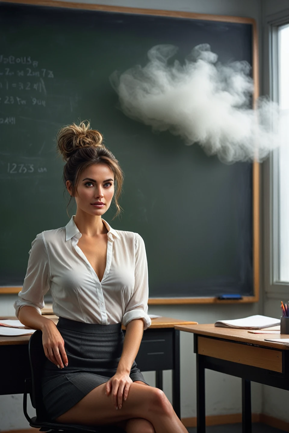 advertising poster style, (solo, full body photo:1.3), (reaching:1.3), (haze, fog, mist:1.3), chiaroscuro, AnalogRedmAF A stunning woman with messy hair, flirty, sits in a classroom, artwork on the blackboard, short black skirt, unbuttoned white blouse, messy bun, camera,highres, extremely detailed, 1woman,beautiful detailed woman,full body, realistic, light on face, cinematic lighting, perfect eyes Professional, modern, product-focused, commercial, eye-catching, highly detailed