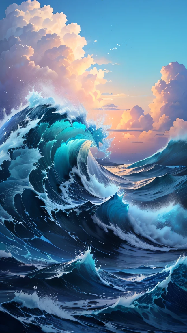 一幅描绘Waves海洋,Beautiful painting of the sky, Troubled marine environment, blue Waves, Blue water waves, Detailed sea, 8k high-definition detailed oil painting, Rough Seas, Clouds and waves, Waves, Detailed 4k oil painting, Waves, 4k highly detailed digital art, Rough Waves, Amazing Waves, Detailed 4k, Waves