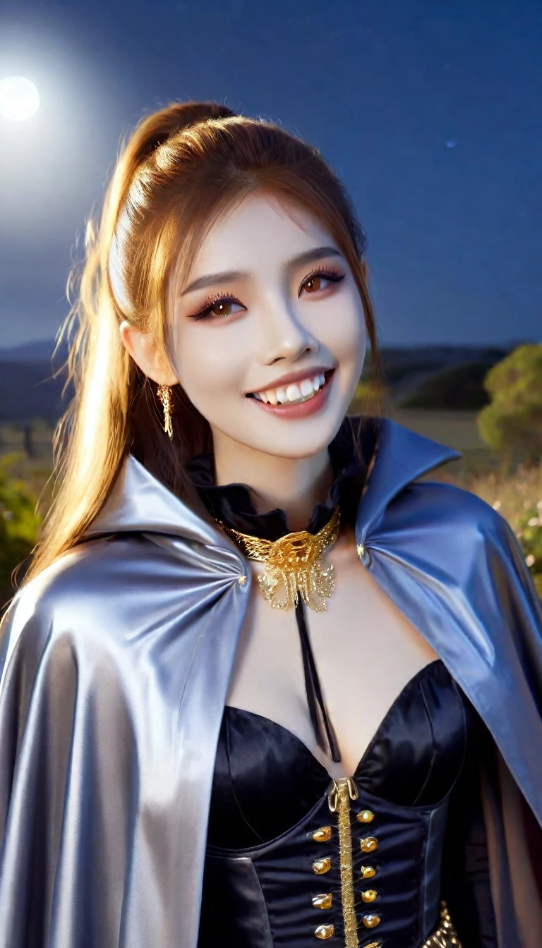 (RAW photo, best quality, masterpiece, ultra-detailed, high res), (realistic),(extremely delicate and beautiful:1), mesmerizing woman with long hair in sleek high ponytail , (((wearing glossy silver and gold lined cloak fastened at the neck :1.20))), crop top and hotpants , moonlit graveyard , detailed features, smiling expression of feelings, imaginative, highly detailed, extremely high-resolution details, photographic, realism pushed to extreme, fine texture, 4k, ultra-detailed, high quality, high contrast, full body shot