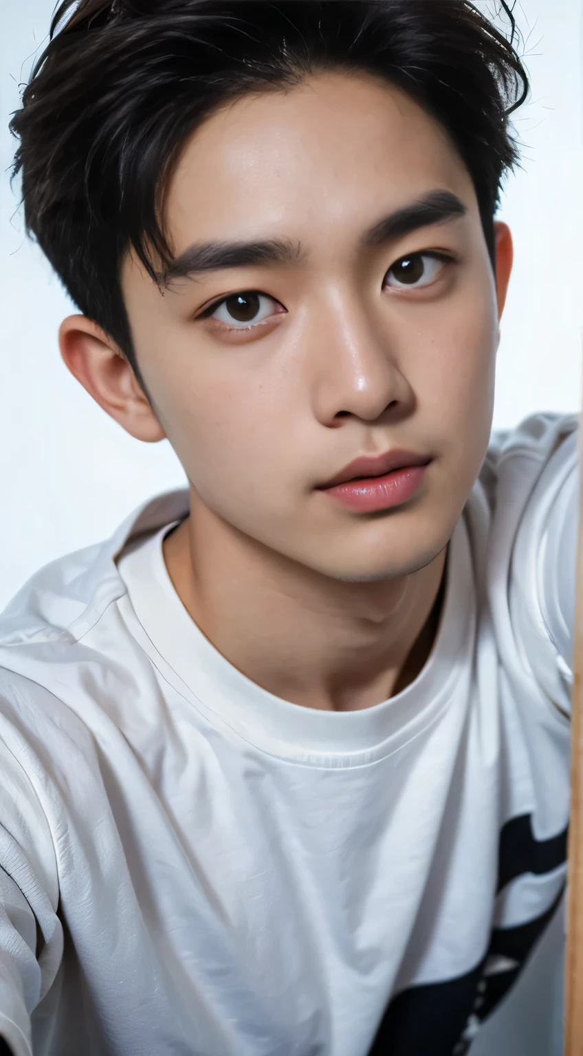 a young korean man in his 30s, white background, t-shirt, extremely detailed face, high quality, 8k, super high resolution, (realistic:1.4), (true skin details:1.3), (selfie angle)
