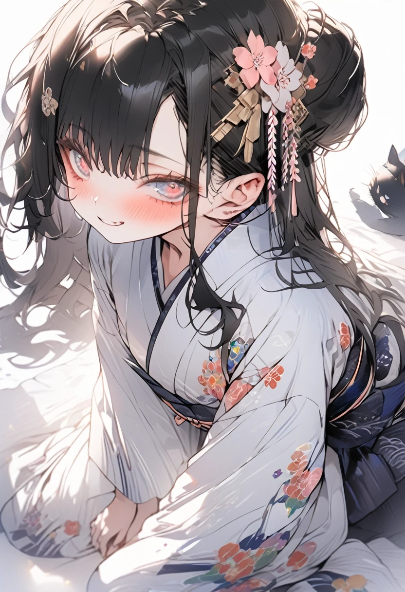 Full body, wearing loose floral yukata, beautiful glossy black obi, masterpiece, hot and languid expression, 8K quality, black hair, hair down in patches in front, hair in back in a bun, flower hair ornament, cute, tale-eyed eyes like Japanese anime.