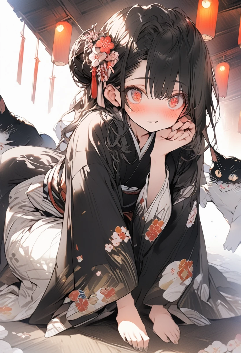 Full body, wearing loose floral yukata, beautiful glossy black obi, masterpiece, hot and languid expression, 8K quality, black hair, hair down in patches in front, hair in back in a bun, flower hair ornament, cute, tale-eyed eyes like Japanese anime.