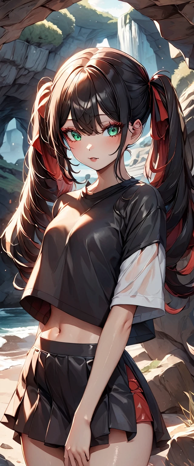 Photo of a girl with natural skin, ((Baby Face)), Round face, A girl wearing mainly black and red, Cowboy Shot, Seaside cave, The light is shining in, High Twintails, Black hair with red mesh, Sharp eyes with red eyeshadow, Blue-green eyes, Shining eyes, A thin, upturned nose, Well-shaped lips, ((crop top overhang, Short sleeve, Black clothes, Thighs, Glamour body)), Makeup, Exquisitely crafted with the utmost attention to detail, Vibrant, amazing, Smooth, Cinematic, 4K, Backlight, (()), Shallow depth of field, ((Detailed eyes:1.3, Detailed lips:1.3, high quality, )), masterpiece, Super detailed images, High quality