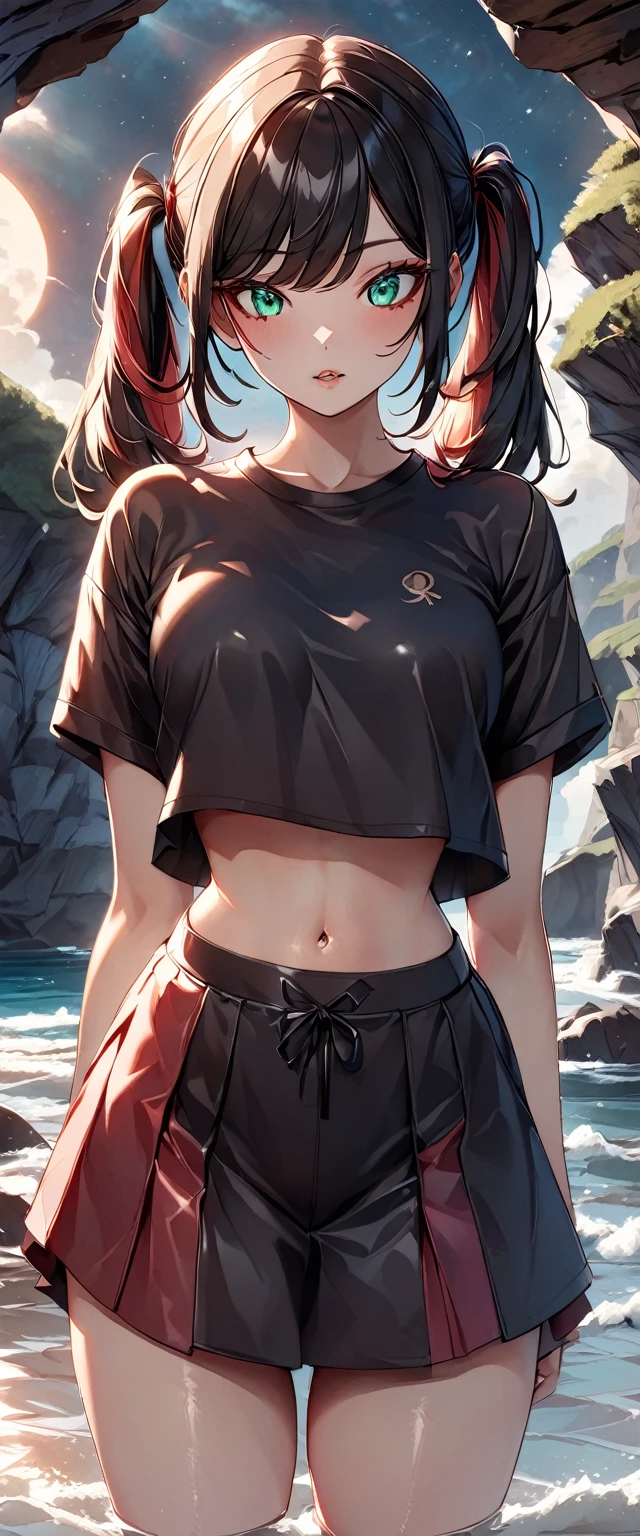 Photo of a girl with natural skin, ((Baby Face)), Round face, A girl wearing mainly black and red, Cowboy Shot, Seaside cave, The light is shining in, High Twintails, Black hair with red mesh, Sharp eyes with red eyeshadow, Blue-green eyes, Shining eyes, A thin, upturned nose, Well-shaped lips, ((crop top overhang, Short sleeve, Black clothes, Thighs, Glamour body)), Makeup, Exquisitely crafted with the utmost attention to detail, Vibrant, amazing, Smooth, Cinematic, 4K, Backlight, (()), Shallow depth of field, ((Detailed eyes:1.3, Detailed lips:1.3, high quality, )), masterpiece, Super detailed images, High quality