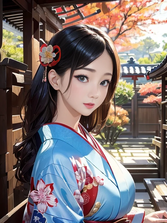 (Highest quality、 8k 、masterpiece、High resolution)、 Japanese painting、Vibrant colors、A woman wearing a kimono、Ample breasts、Hands on chest、(Highly detailed face and eyes,Beautiful Face,Beautiful Eyes,Beautiful nose,Pretty lips)、Dynamic painting technique、Japanese garden、Autumn scenery、autumn leaves、Starry Sky、Detailed Description、