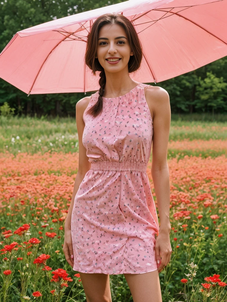 Noura, 1girl, solo, ((Qatari woman)), consistent face and body, ((MILF)), ((30 years old)), (mature), ((slim)), ((Qatari face)), (Qatari nose), (Qatari lips), ((long loose hair)), upper body and upper legs, (background: city flower field at sunset), BREAK, (wearing light-pink printed Flare Dress), smirking, teasing
