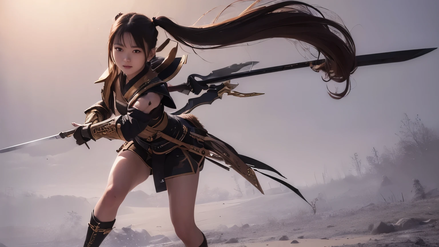 ((Best Quality, 8k, Masterpiece:1.3)), slender figure, (twin ponytails:1.2), ancient warrior outfit, dual swords, alluring smile, detailed face and skin, (full body shot:1.1), traditional background