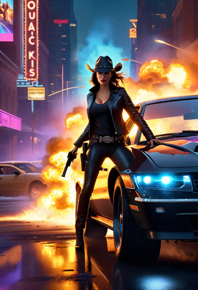 A cowgirl escapes an explosion in her car,Burning car,There are gunshots everywhere,Bright city lights at night,Reflection of neon lights on car windshield,traffic chaos, hurry, Intense chase scene, movie action, Night streets, high speed pursuit, on the verge of danger, the last Stand, epic showdown, Dramatic, Thrilling ending, Stunning visuals, Immersive atmosphere, Detailed car model, Realistic game engine, Resilient environment, Dynamic camera angles, Dynamic lighting effects, Realistic gunshots, dramatic music, Strong emotions.