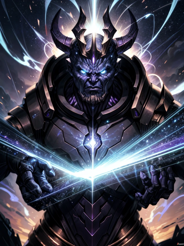 Close up, Ultra-HD photography, a fierce celestial thanos god with a universe theme, surrounded by blue and  purple lightning in a cybernetic fantasy realm, SUFFIX with high lighting and motion blur showcasing the battles ferocity against a shadowy supernatural villain