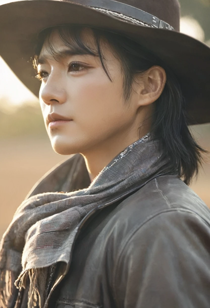 Cowboy，Sunlight,Close your eyes,Head up，Tilt your face,(Close your eyes微笑),Side profile,Backlight