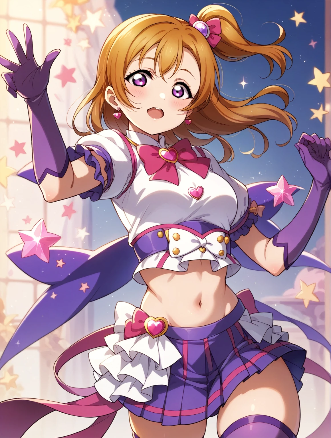 (Masterpiece, Best Quality, High Quality), Kousaka honoka, purple elbow gloves, white top,short sleeves, micro pleated skirt, purple skirt, light purple thighhighs, magical girl , midriff , love live