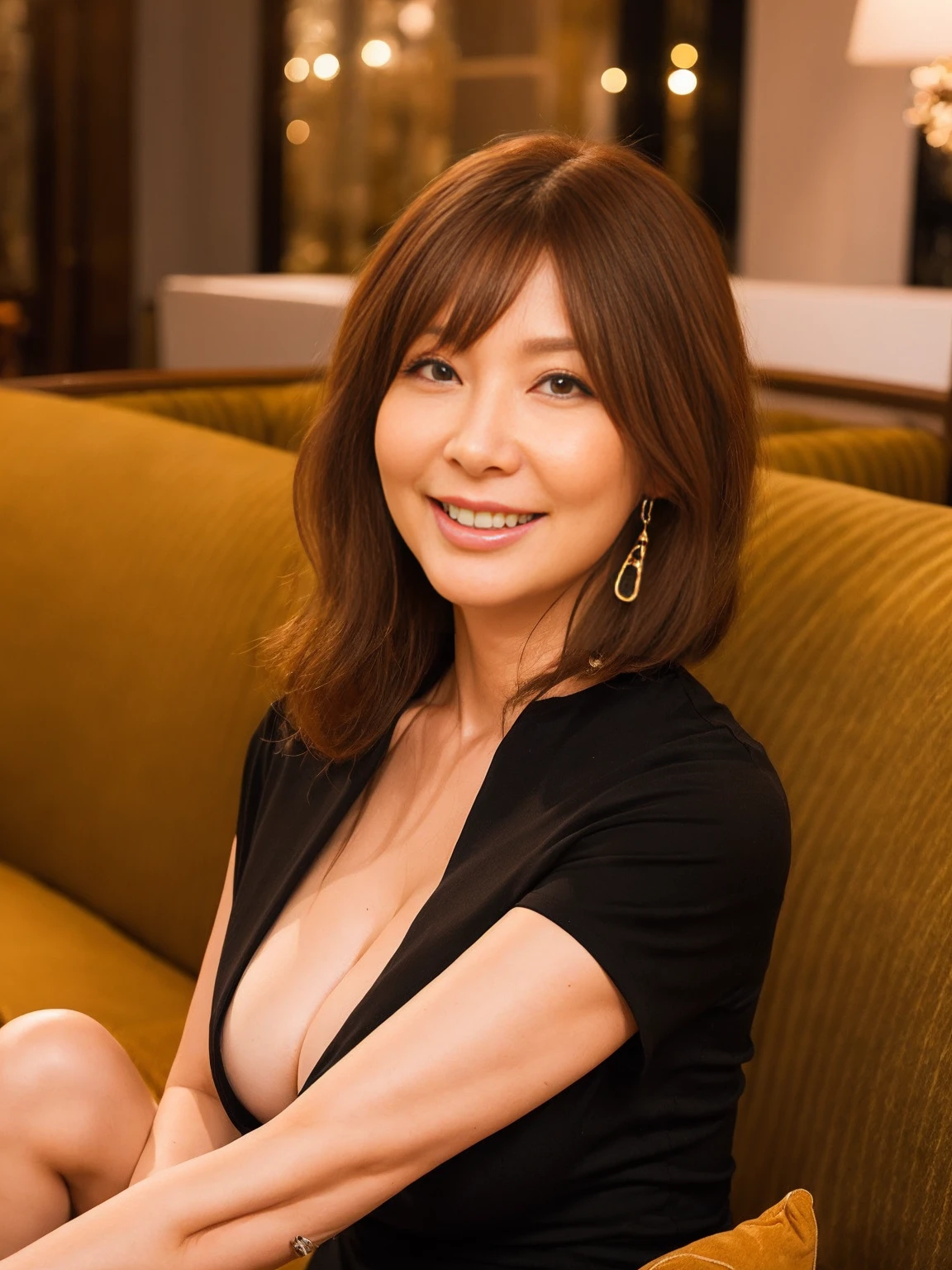 ((Highest quality)), ((8k)), ((masterpiece: 1.3)), (Perfect appearance), (Photorealism: 1.6), (KE), (JMA), Japanese Mature, 60 years old, ((Realistic skin texture)), (Fine lines all over the skin: 1.3), (Dull skin: 1.1), (Moisturized Skin: 1.2) , (Facial wrinkles: 0.9), (Wrinkles around the eyes: 1.2), double eyelid, Lower eyelid tear trough, Mature woman smiling at me, (Dimples: 1.2), Short Hair, Smooth hair Curly hair ends, sexy night dress, High heels, Small breasts, ((sitting on a sofa in a luxury hotel lobby: 1.4)), (Escort Lady),