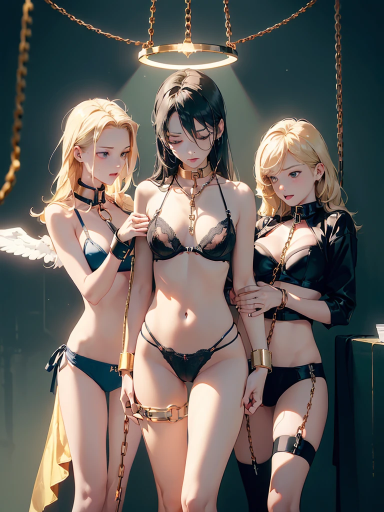 (superflat, masterpiece, flat shading, flat colors:1.1), Cinematic shot, Masterpiece, echo style, horny, female teacher humiliating two girls on a leash, ((3 females, multiple females)), european, (3 beautiful females, lesbian orgy), ((humiliating, fingering, humiliation, humiliated, golden halo, halo)), (chained, tied, golden chain, golden dildo, penetration, chain around bodies , chained collar, handcuffs, rough:1.4), leather gloves, leather, slim, lingerie underwear, silk bra, lingerie stockings, angel wings, (cold light, cold blue tones), flat blue background, highly detailed, from below