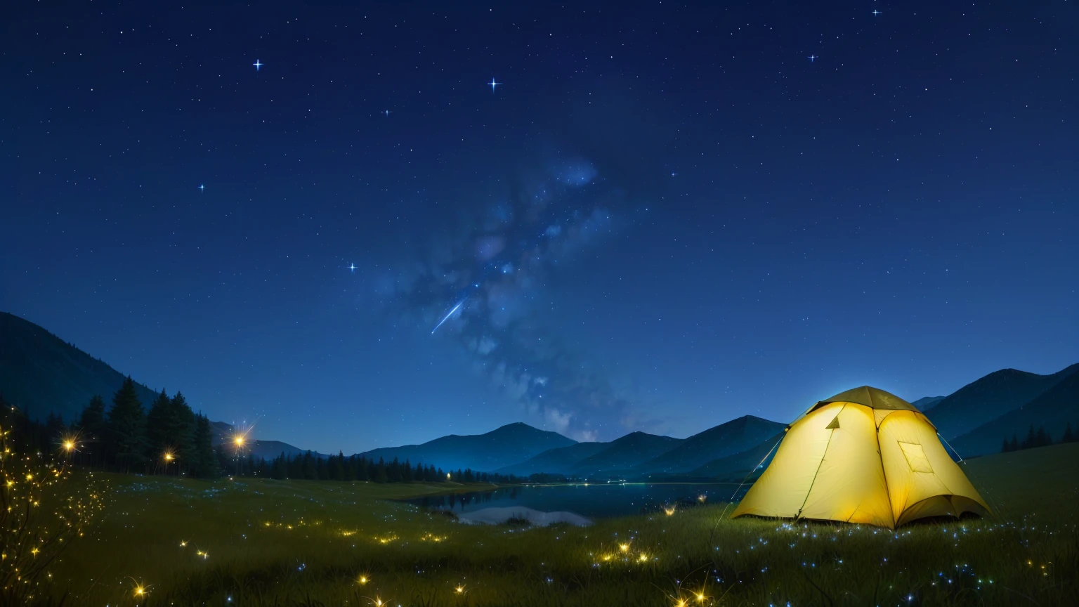 starry night with a tent and fireflies in the grass, among wonderful golden fireflies, night time with starry sky, stars glistening in the night, night covered in stars, night outdoors, watching the stars at night, fireflies flying around, fireflies in the air, fireflies and sparkling wisps, some fireflies flying in the air, starry sky 8 k