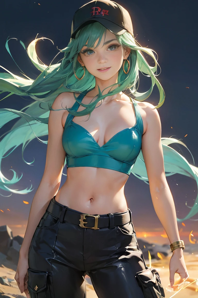 （（（ＳＦＷ、sound、Highest quality、first-class、masterpiece、Normal body、8K、Detailed face、Ultra-precision、Normal hand、Normal finger、５Finger、Highest）））、beautiful girl、Green Hair、Small breasts、Shortcuts、Blue leotard、Shoulder Off、Black paleo skirt、Red cloak、Circlet、sword of the sky、DRAGON QUEST、Female Hero、In combat、Combat Ready、Lightning Slash、incantation、Gigadein Cinema Lighting，Precision human body，RAW photos，4K - Ultra-realistic，best quality, masterpiece, Ultra-high resolution, (Reality: 1.4),((linoleum,Radiant Skin、Reality的 skin texture、Beautiful skin in every detail、Glowing skin、Glowing skin))、beautiful eyes, Perfect face and eyes、Super Resolution,(Reality的:1.3),(1 Slim girl), Fashion Girl, (Smile),Baseball cap, earrings,(Loose cargo pants)