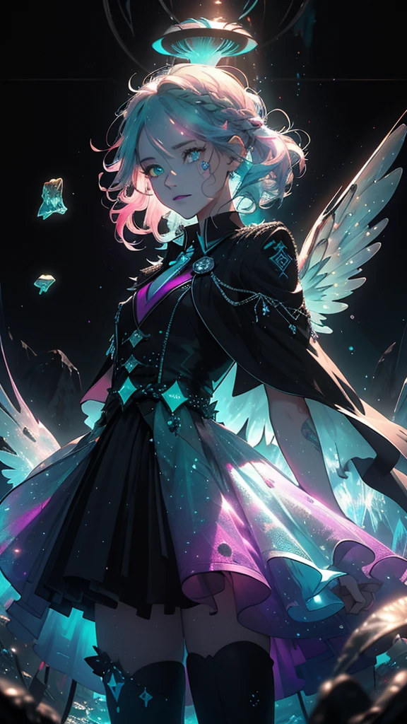 (Highest picture quality),(Masterwork),(ultra-detailed),(Detailed eye description:1.0),(lens flare:1.0),(movie poster:1.0),(Tarot border:1.0),the portrait is centered,(close-up:1.0),(negative space:0.8),(negative space:1.6),(solo),(floating colorful {wind|water magic|ink|crystals|ice|fire|flame|lightning|web|rocks|sand|particles|sparkles|blood}:1.0),(many colorful {soap bubbles|clouds|thorns|spikes|vines|currents|spirals|halos|wings|tattoos|cubes|octahedron}:1.0),(floating {red|green|blue|aqua|purple|yellow|black|white|grey|pink|orange|lime} {ribbons|feathers|particles|blades|droplets|snowflakes|soft balls}:1.0),({crystal|ice|fire|flame|wind|water|earth|stone|space|musical|sonic|vortex} {magic|wings}:1.0), ({ray tracing,glowing|dappled sunlight,light rays,caustics|night,black theme|mysterious,eerie|easygoing,pastel}:1.2), ({colorful|iridescent|multicolored}:1.0),(beautiful detailed glow:1.0),({leaning forward|leaning back|leaning to the side|}:1.2),{(smile:1.0)|(smirk:1.0)|(grim expression:1.0)},({small|small||lips,eyelashes}:1.0),{(open mouth:1.0)|(closed mouth:1.0)|},({eyelashes|eyeshadow||}),{one eye closed|||},({red|green|blue|aqua|purple|yellow|black|white|grey|pink|orange|lime} hair:1.4),({short|long|medium} hair:1.0),({from below|from above|from side|from behind|facing viewer}:1.3),(halo:1.3),(head tilt:1.0),(dynamic pose:1.1),(asymmetrical hair:1.2),({red|green|blue|aqua|purple|yellow|black|white|grey|pink|orange|lime} {armor|dress|collared shirt|suit|outfit}:1.0),({formal|military|techwear|urban style|casual,casual clothes|fantasy,magician|feral,tribal|sci-fi,futuristic}),({plaid skirt|layered skirt|puffy dress|tights|pants|shorts}),({blue|aqua|purple|black} {eyes|eyes|pupils}:1.8),{(forehead:1.5),asymmetrical bangs|diagonal bangs|hair between eyes|blunt bangs|swept bangs},{one eye covered|ponytail|high twintails|||},{straight hair|wavy hair|drill hair||},{long coat|suit jacket|cloak|sweater|tie||}