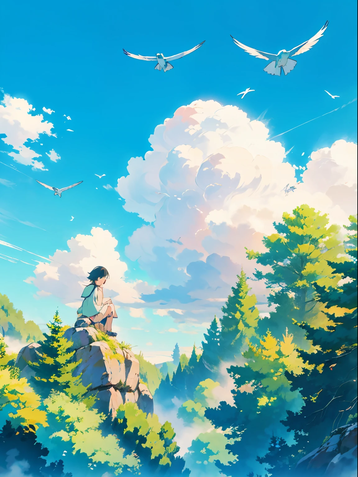  A serene anime-style landscape under a bright blue sky空 with fluffy white clouds. Lush, green Tree with thick foliage stands tall on the left side of the image. Below the Tree, A little boy sits quietly on a rocky hill, Gazing at the vast, clear sky空. The scene is full of vibrant green plants, Wildflowers, flying birds in distance, Create a sense of calm and tranquility. Tree, No humans, cloud, sky空, outdoor, sky, Smile, blue sky空, Fundo verde claro, Rich colors, white cloudsï¼ aqichahua, illustration, Flat Color, Flat style, Highlands, (masterpiece), (best quality)