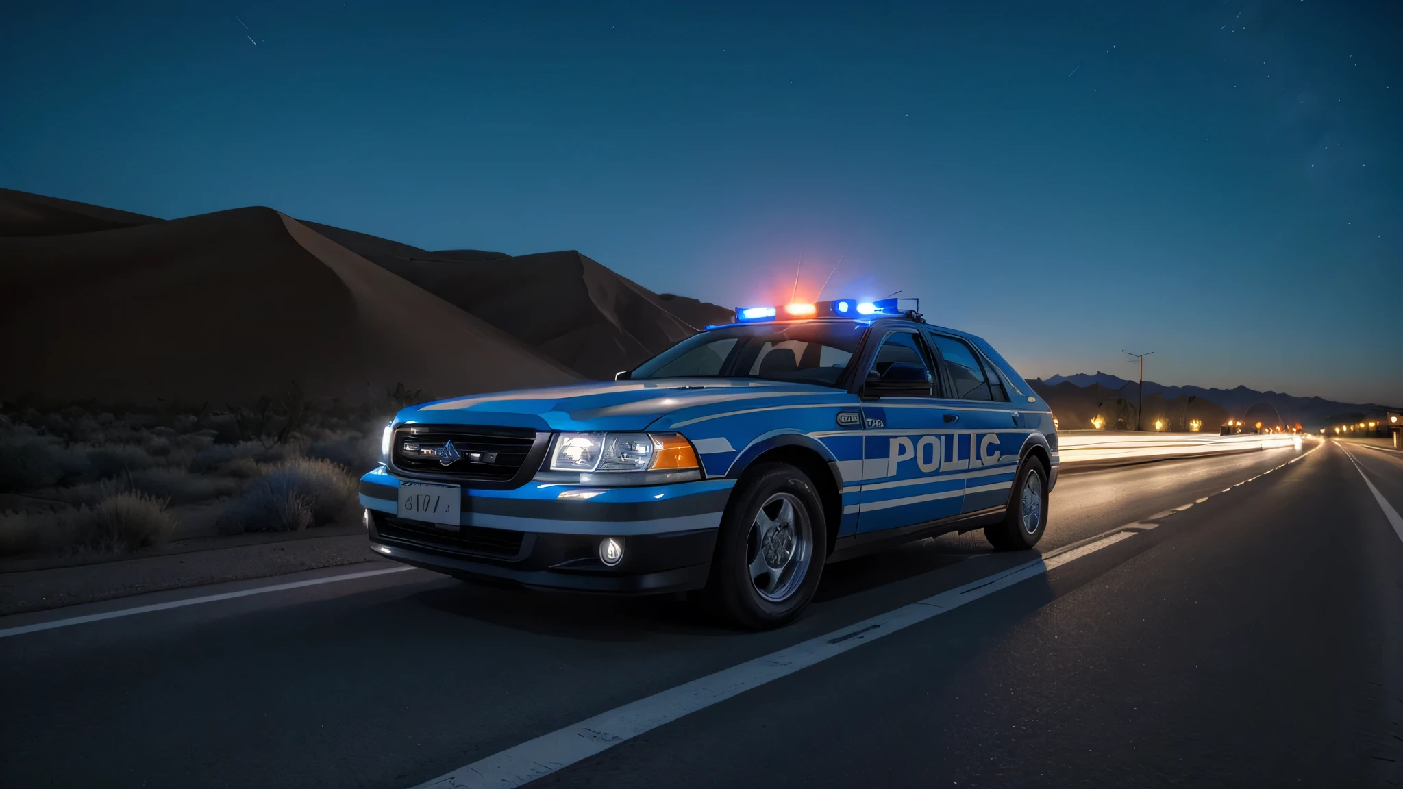 police car stopped on the highway at night in the desert