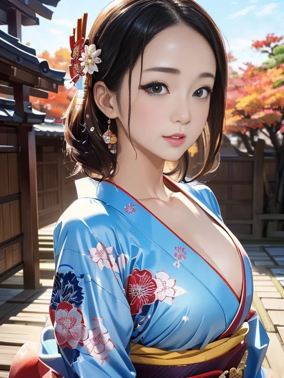 (Highest quality、 8k 、masterpiece、High resolution)、 Japanese painting、Vibrant colors、A woman wearing a kimono、Ample breasts、Hands on chest、(Highly detailed face and eyes,Beautiful Face,Beautiful Eyes,Beautiful nose,Pretty lips)、Dynamic painting technique、Japanese garden、Autumn scenery、autumn leaves、Starry Sky、Detailed Description、