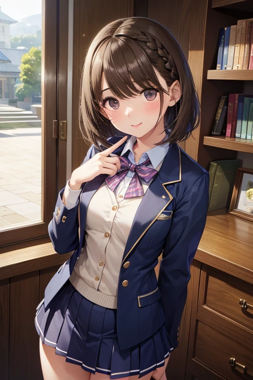 anegasaki nene、Shiny brown hair, short hair, (Beautiful brown eyes、Sparkling eyes, Fine grain)、smile、Ultra-detailed eyes、非常にDetailed face, Very detailed目,



masterpiece, Highest quality, Highest quality, Beautiful and aesthetic:1.2), Very detailed, Detailed clothing, Detailed clothing, Detailed face, 

1 girl、A beautiful girl with braids is looking at me.、Laugh a little、Idol-level cuteness、Baby Face、thin、small, Shapely 、Healthy Thighs、Navy Blue Blazer、White high-necked inner、Navy blue mini skirt、at the library、Knee-length、Cowboy Shot、Anatomically correct、Accurate Fingers、Accurate Rimbuster Piece、Accurately drawn faces、Photographic reality、
