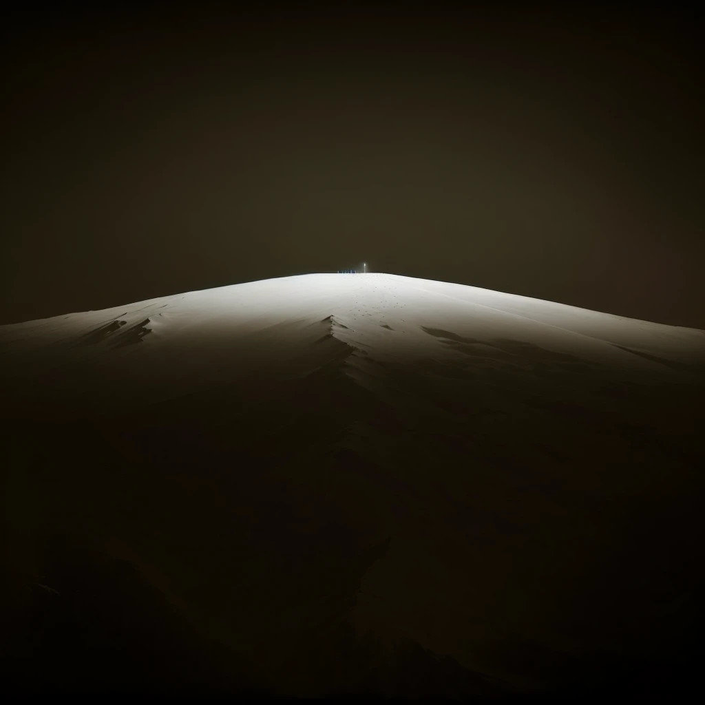 a snow-covered mountain peak, dramatic lighting on the snowy peak, night landscape, lunar surface, works by Tadao Ando, Hiroshi Sugimoto, climbing path, snow dunes, style of Hiroshi Sugimoto, long exposure, night scenery, atmospheric, by Shinii Aramaki