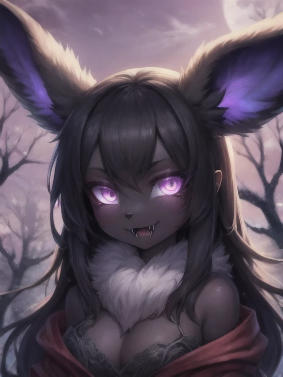 Eevee, ebony black, fangs, ghostly violet and purple aura, spooky, nightmare, masterpiece, best quality