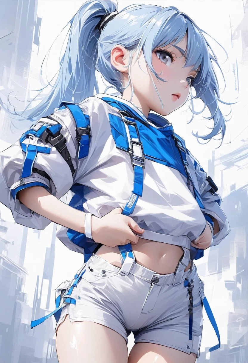 Young girl top quality top image quality masterpiece light klein blue shiny hair high ponytail cyberpunk grey eyes white top shorts hands mouth details complete