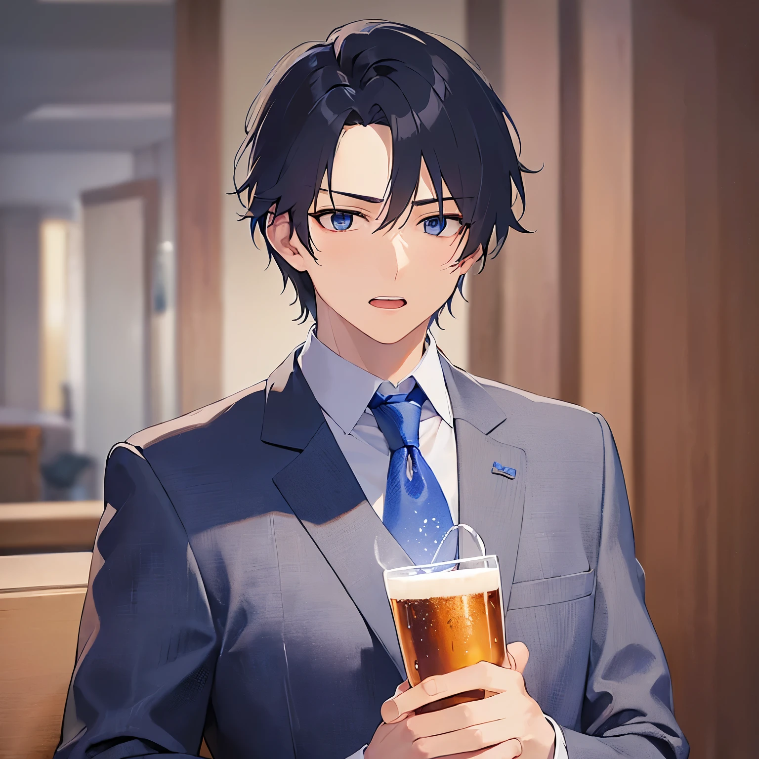 masterpiece、Highest quality、
(25-year-old male:1.5) and(Black short hair) and (blue eyes), 
(suit:1.5) and (Blue tie）(suit:1.5) and (Blue tie）、
worried,open mouth,The background is a tavern at night、I have a beer,(alone:1.5)