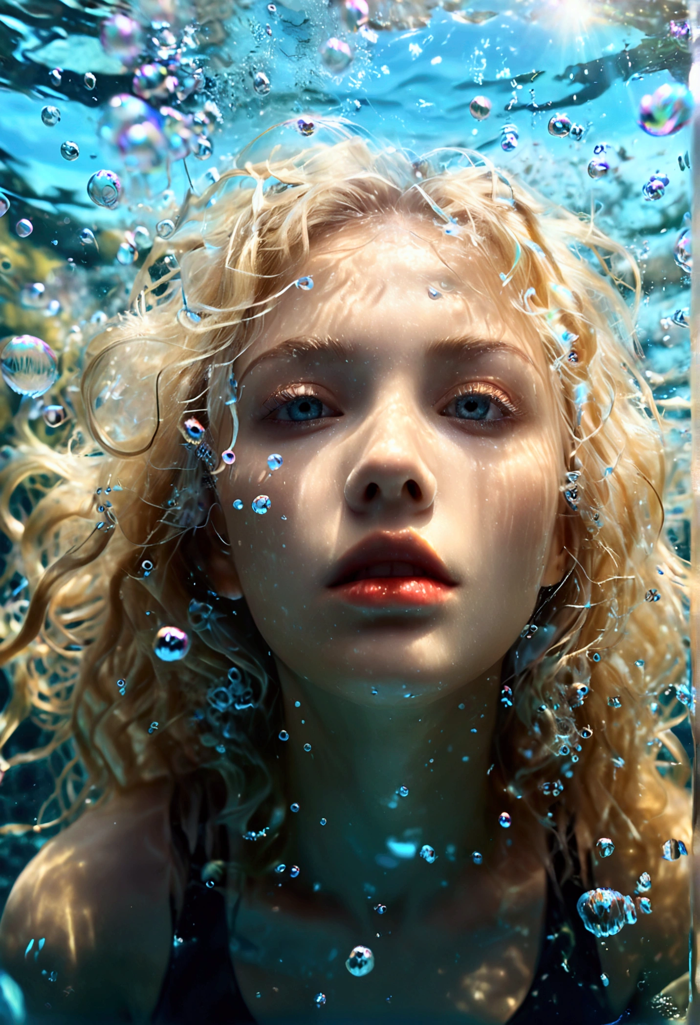 surreal details, Beautiful underwater made of light, (Beautiful blonde woman made of light looking into underwater camera lens_hair floating on water, Amazing atmosphere surrounded by many bubbles in the water), (Realistic facial details_clear blue eyes, Floating along the hair flowing in the water), marine life shining underwater, high resolution, Close details, 8k,