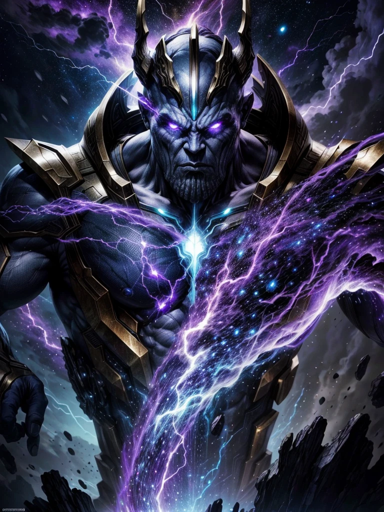Close up, Ultra-HD photography, a fierce celestial thanos god with a universe theme, surrounded by blue and  purple lightning in a cybernetic fantasy realm, SUFFIX with high lighting and motion blur showcasing the battles ferocity against a shadowy supernatural villain