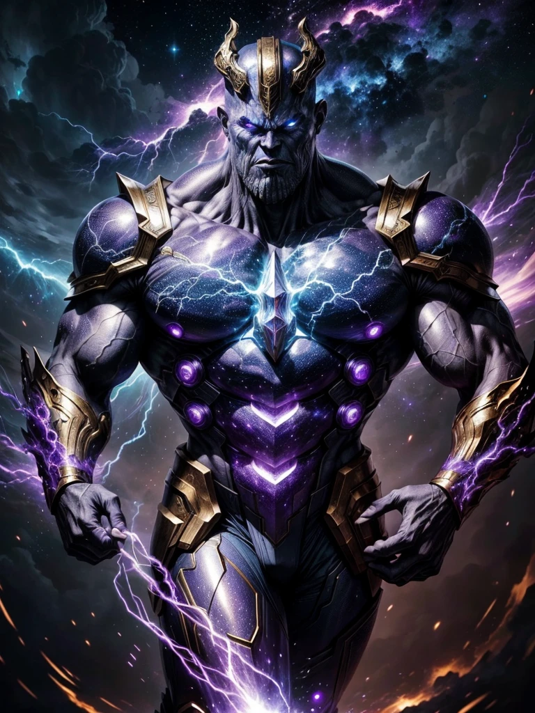Close up, Ultra-HD photography, a fierce celestial thanos god with a universe theme, surrounded by blue and purple lightning in a cybernetic fantasy realm, SUFFIX with high lighting and motion blur showcasing the battles ferocity against a shadowy supernatural villain
