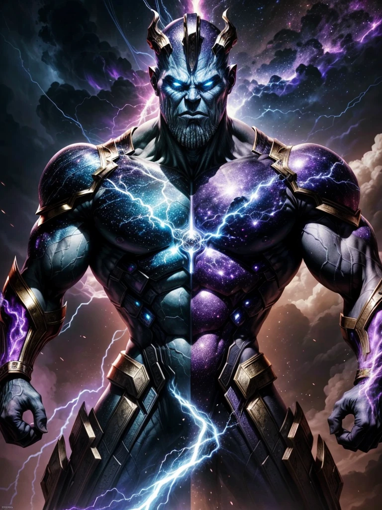 Close up, Ultra-HD photography, a fierce celestial thanos god with a universe theme, surrounded by blue and purple lightning in a cybernetic fantasy realm, SUFFIX with high lighting and motion blur showcasing the battles ferocity against a shadowy supernatural villain