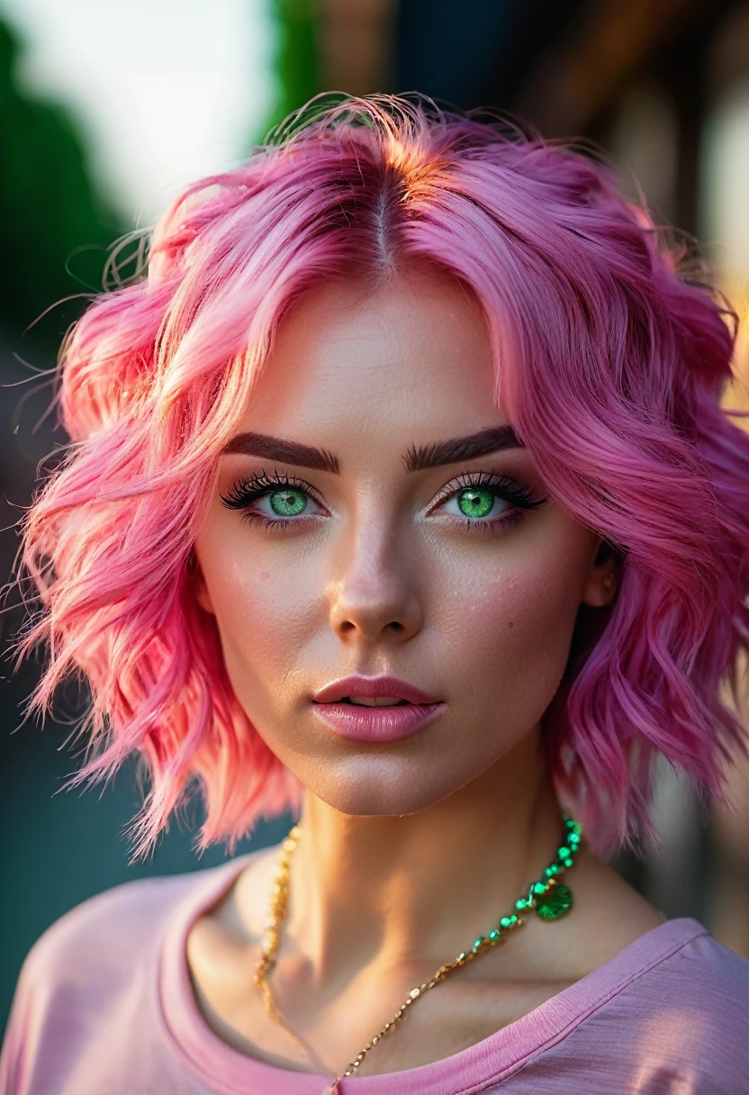 (fullbody shot, camera SONY A7S III, len 18mm, f1.6.). Dynamic body pose, hands on pockets. woman, beauty, pink hair, lightgreen eyes. Pikles, perfect eyes, detailed skin, intricate details, waterdrops on her face, hair and clothes, intense. High quality, Hyperdetailed, depth of field, Ambient Light, Movie Still, Film Still, Cinematic, Cinematic Shot, Cinematic Lighting, ambient occlussion, K UHD. Movie Still, Film Still, Cinematic, Cinematic Shot, Cinematic Lighting, green eyes, perfecteyes